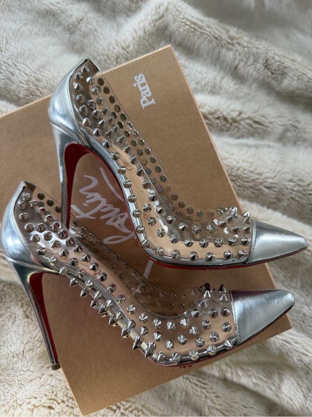 Christian Louboutin Metallic Silver Gloss PVC Spike Me 100